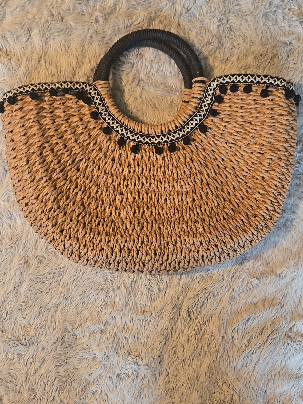Savanna Womens Handwoven Straw Beach Tote Bag Purse With Pom Poms